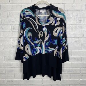 Joseph Ribkoff Oversized Jersey Top Womens Size L Blue Swirl Print Stretch Flowy